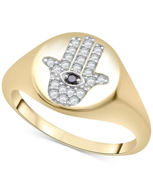 White Diamond (1/6 ct. t.w.) & Black Diamond Accent Hamsa Hand Ring in 14k Gold, Created for Macy's
