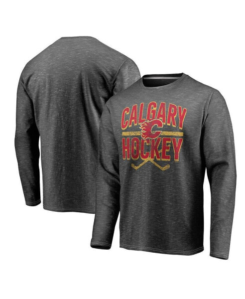 Men's Gray Distressed Calgary Flames Iced Out Long Sleeve T-shirt