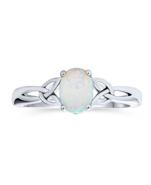Dainty BFF Triquetra Celtic Love Knot Oval White Created Opal Ring Promise For Teen For Women .925 Sterling Silver