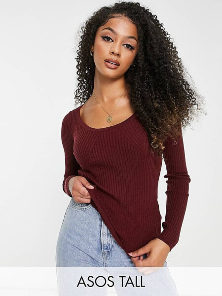 ASOS DESIGN Tall knitted top with scoop neck with rib bust detail in dark red
