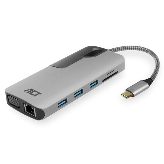 ACT AC7043 USB-C to HDMI or VGA multiport adapter with ethernet - USB hub - card reader - audio - PD pass through - Wired - USB 3.2 Gen 1 (3.1 Gen 1) Type-C - 10,100,1000 Mbit/s - Grey - MicroSD (TransFlash) - SD - 5 Gbit/s