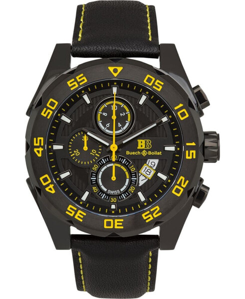 Torrent Men's Chronograph Watch Black Leather Strap, Black and Yellow Dial, 44mm