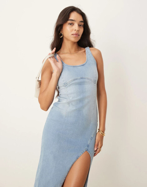 River Island denim bodycon midi dress in light wash