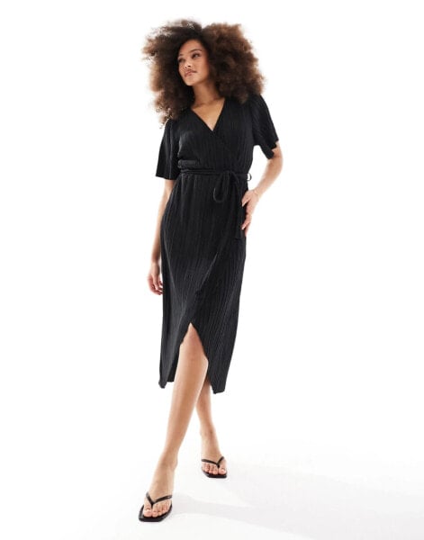 YAS plisse wrap midi dress in black - BLACK