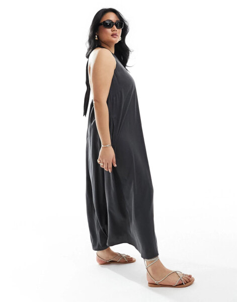 ASOS DESIGN Curve cupro clean halter maxi sundress in charcoal