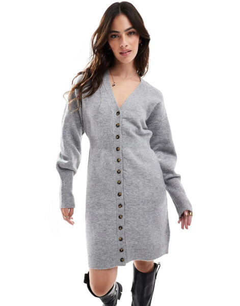 Vero Moda buttondown knitted mini dress in light grey melange