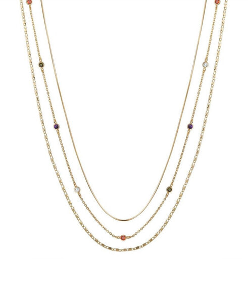 14K Gold Flash Plated Multi Color Cubic Zirconia 3-Piece Layered Chain Necklace Set with Extender