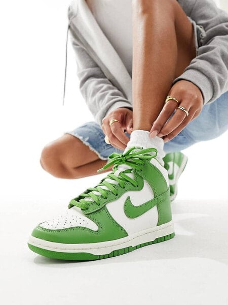 Nike Dunk high trainers in white and chlorophyll green