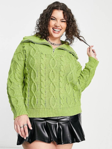 Daisy Street Plus cable knitted jumper with collar in green