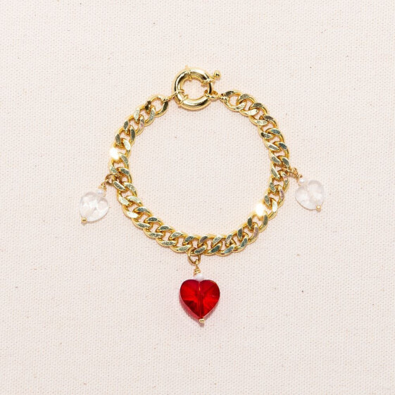 18K Gold Plated Freshwater Pearls Chunky Chain with Glass Red Heart Charm - Kokoro Bracelet 8" For Women and Girls