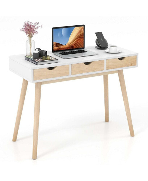 Computer Desk 40'' Wooden Workstation Vanity Table with3 Drawers & Rubber Wood Legs