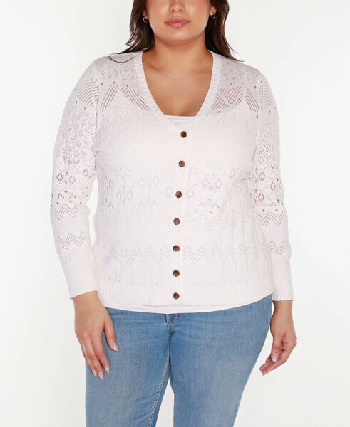 Black Label Plus Size Pointelle Button Front Cardigan Sweater