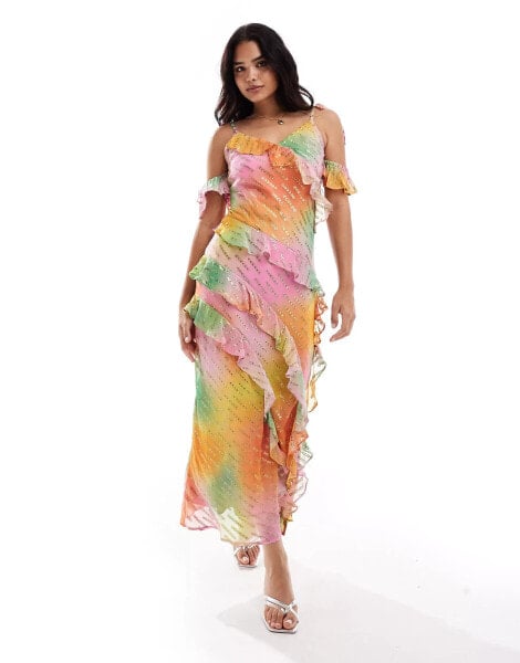 Never Fully Dressed Faro ruffle maxi dress in ombre tie dye