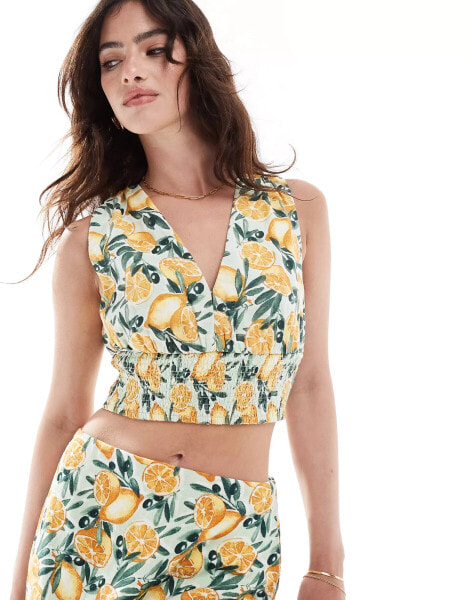 Abercrombie & Fitch co-ord plunge front top with shirred waist in lemon print