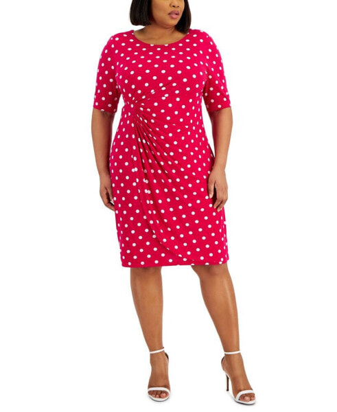 Plus Size Dot-Print Side-Tab Sheath Dress