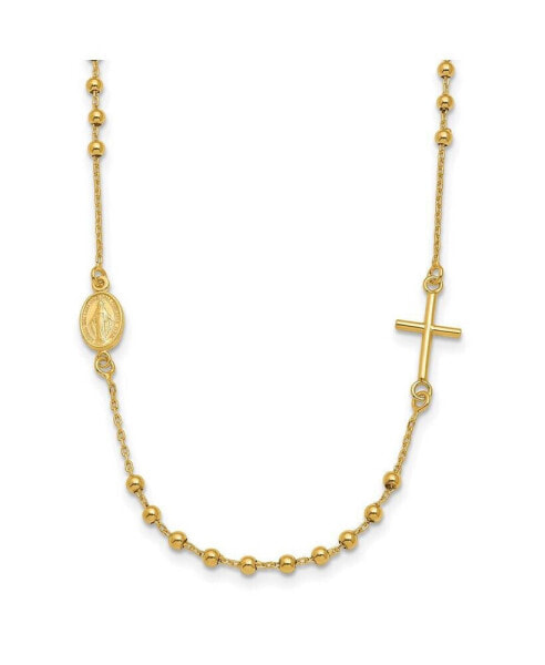 14K Yellow Gold Sideways Cross Beaded Rosary Pendant Necklace 16"