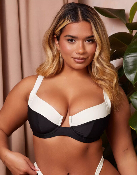 Wolf & Whistle X Natalie Gessey Fuller Bust underwire bikini top in black and white with contrast detail