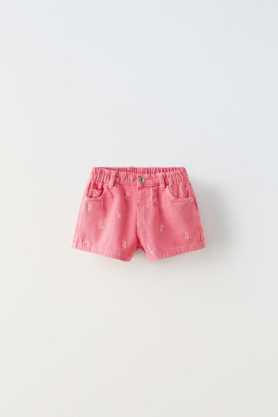 Twill bermuda shorts with floral embroidery