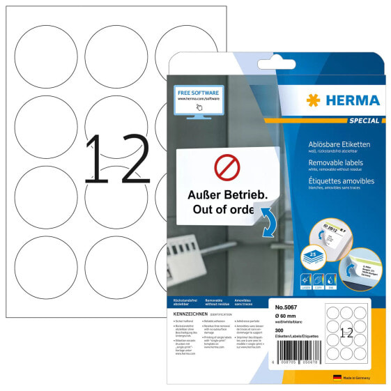 HERMA Removable labels A4 Ø 60 mm round white Movables/removable paper matt 300 pcs. - White - Self-adhesive printer label - A4 - Paper - Laser/Inkjet - Removable