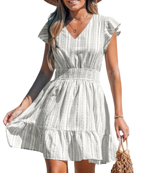 Women's Striped V-Neck Ruffled Mini Beach Dress