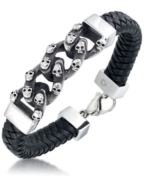 Men's Skull Link Leather Bracelet in Stainless Steel