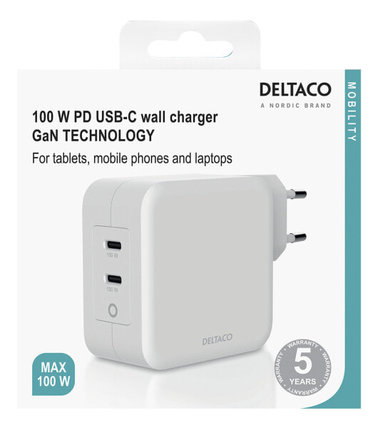 Зарядное устройство DELTACO USBC-GAN03 для помещений 20 В белое