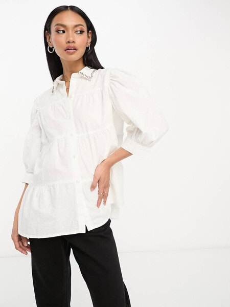 ASOS DESIGN tiered smock shirt with embellished collar in white 