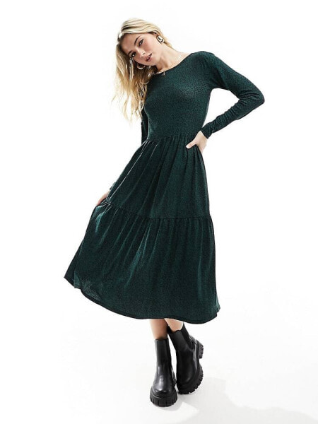 Wednesday's Girl long sleeve smudge spot midaxi dress in teal green