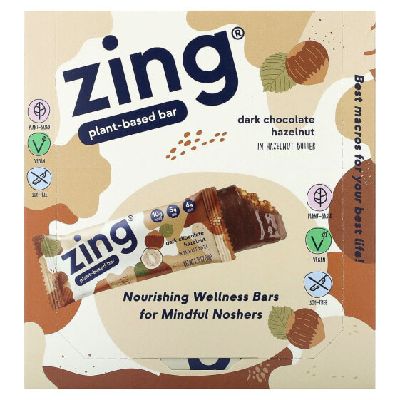 Zing Bars, растительный батончик, темный шоколад с фундуком и пастой из фундука, 12 батончиков по 50 г (1,76 унции)