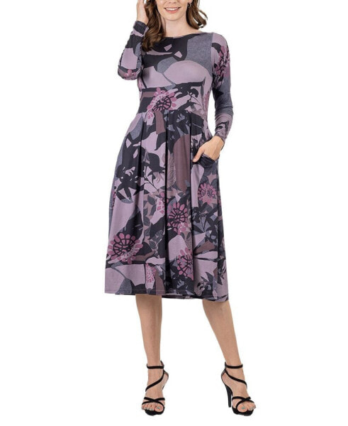 Women's Floral Long Sleeve Pleated Pocket Midi Dress