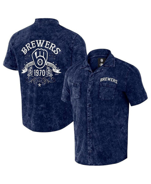 Men's Darius Rucker Collection by Navy Distressed Milwaukee Brewers Denim Team Color Button-Up Shirt
