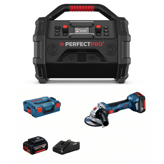 PerfectPro Baustellenradio-Set ROCKTAGON 18V AMPShare + Bosch GWS 18V-7 mit 2x 4,0 Akkus + Lader