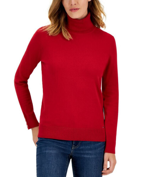 Women's Cotton Solid Button Cuff Turtleneck Sweater