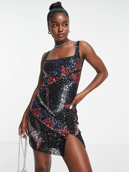 Band Of Stars premium sequin placement mini dress with low centre back in black 