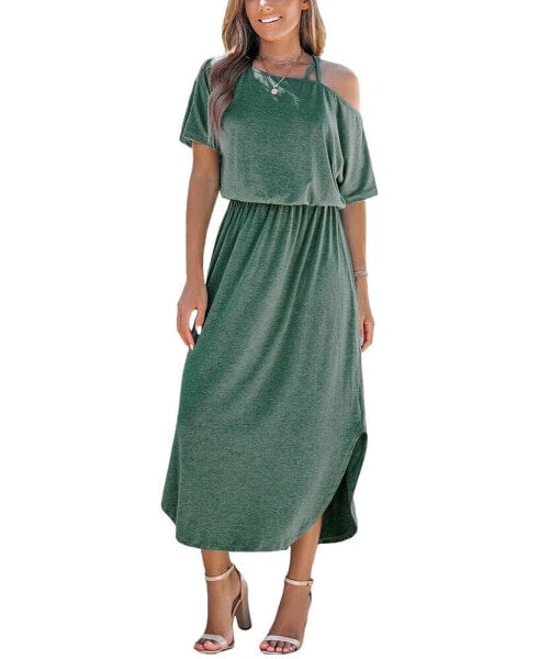 Women's Green Off-Shoulder Midi Jersey Beach Dress