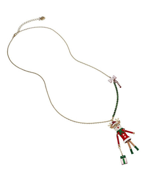 Faux Stone Jingle Bell Bling Reindeer Pendant Necklace