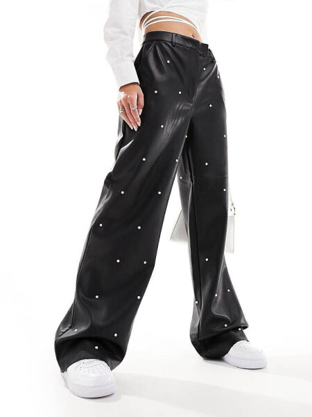 River Island PU trouser with pearl trim in black