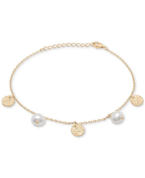 Cultured Freshwater Pearl (6-7mm) & Textured Disc Charm Bracelet in 14k Gold-Plated Sterling Silver