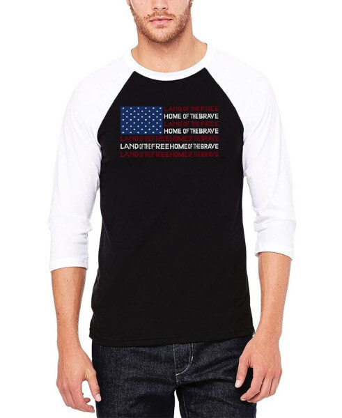 Men's Raglan Baseball 3/4 Sleeve Land of The Free American Flag Word Art T-shirt