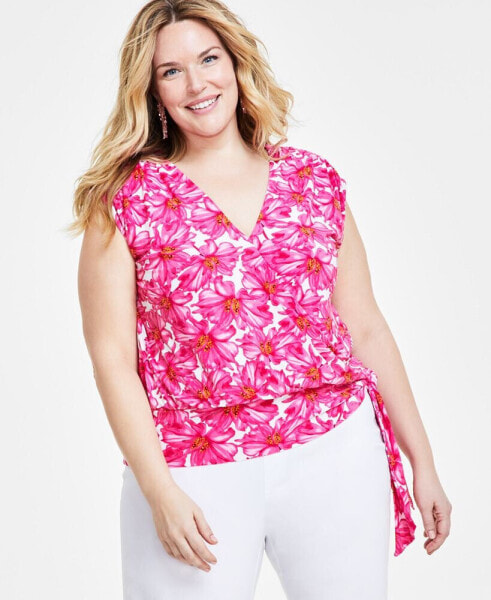 Plus Size Floral-Print Side-Tie Top, Created for Macy's