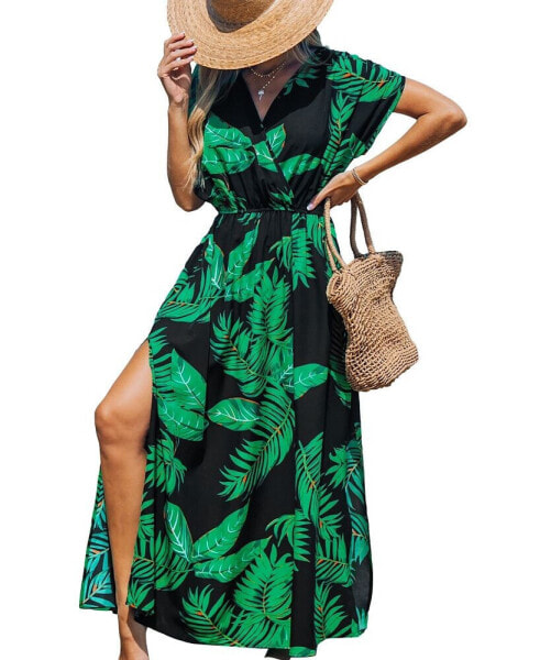 Women's Tropical Leaf Short Sleeve Split Maxi Beach Dress