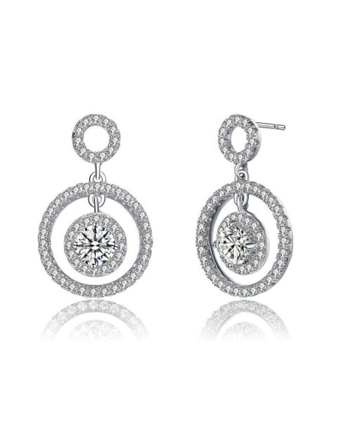 Sterling Silver White Gold Plated Clear Round Cubic Zirconia Three Halo Drop Earrings