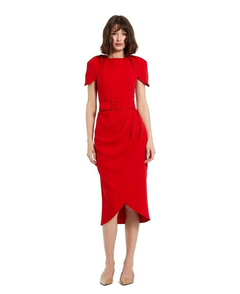 Women's Crepe High Neck Midi Tulip Dress With Belt