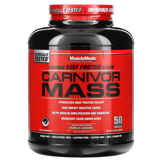Гейнер MuscleMeds Carnivor Mass, Anabolic Beef Protein, ванильно-карамельный, 5.78 фунтов (2,618 г)