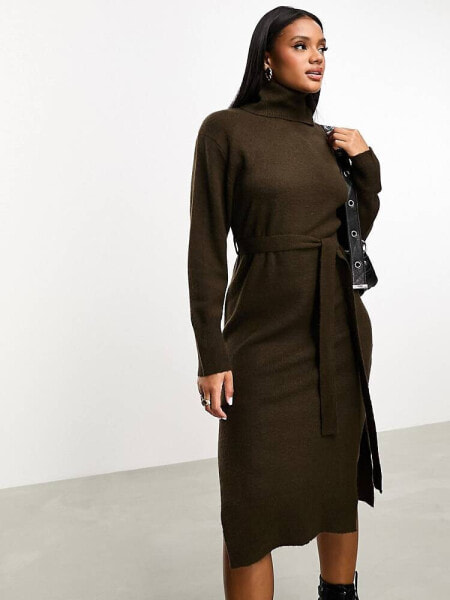 Threadbare Brooklyn roll neck tie waist midi jumper dress in chocolate brown