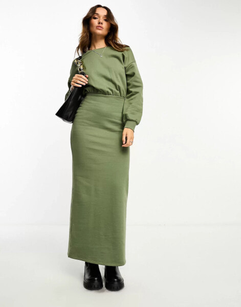 ASOS DESIGN crew neck ribbed blouson sleeve maxi dress in khaki