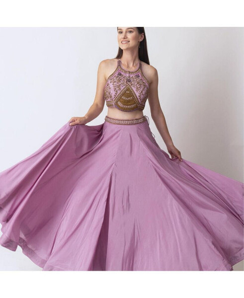 Women's Pink Crop Top and Skirt Set with Intricate Thread and Sequin Embroidery