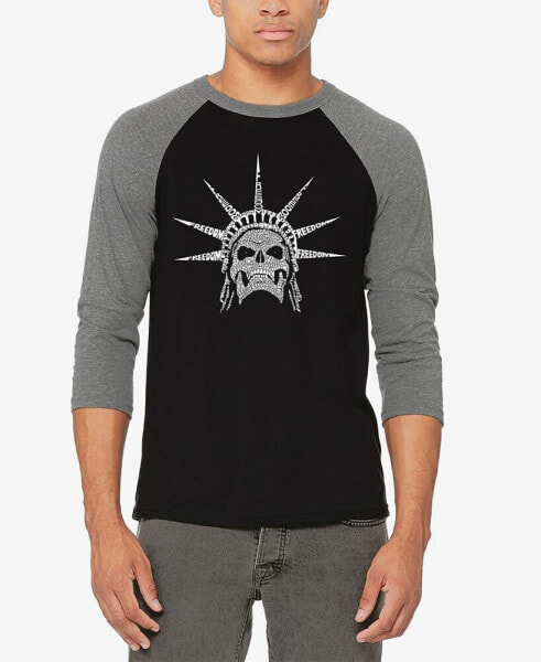 Men's Raglan Sleeves Freedom Skull Baseball Word Art T-shirt