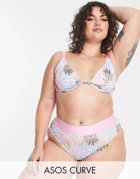 ASOS DESIGN Curve Betty cotton high waist brief in pastel animal