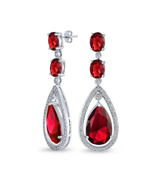 Art Deco Style Wedding Simulated Red Ruby AAA Cubic Zirconia Halo Large Teardrop CZ Statement Dangle Chandelier Earrings For Women Bridal Party Silver Plated